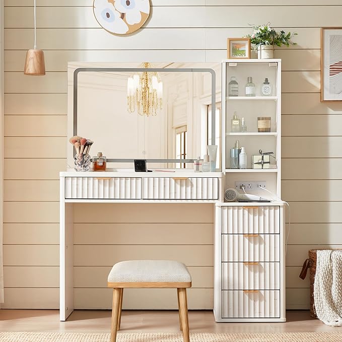 LEYAOYAO White Vanity Desk with Mirror and Lights, 43.5'' Fluted Makeup Vanity with 6 Drawers, Make Up Vanity with Wood Grain, Dressing Table with Glass Top and Power Outlet for Bedroom-Non Pure White