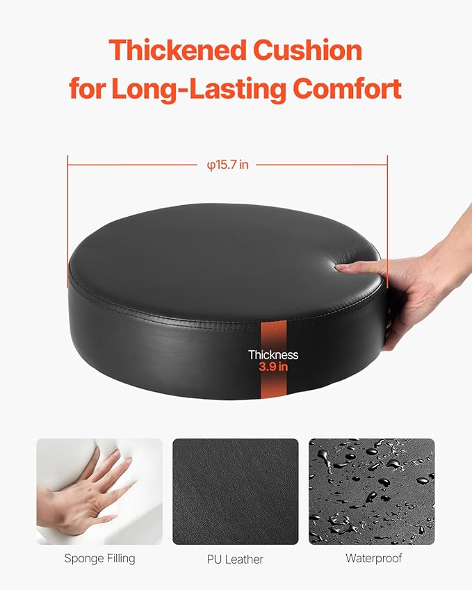 VEVOR Rolling Stool with Foot Rest and Wheels, 450 LBS Weight Capacity Round Rolling Stool Chair, Height Adjustable Thickened PU Leather Swivel Stool for Salon, Spa, Massage, Tattoo, Clinic, Black