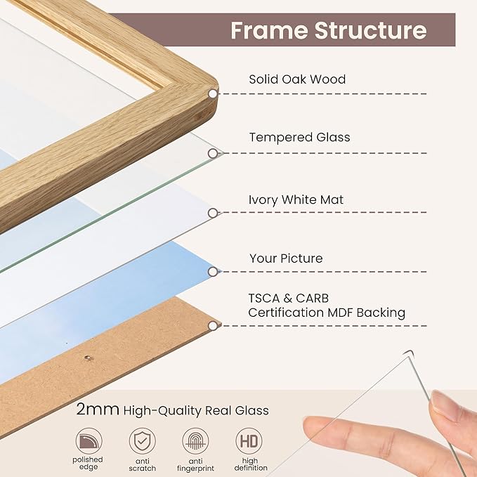 24x36 Poster Frame - Solid Oak Wood 24 x 36 Picture Frame, 24''x36'' Frame With Mat For 20x30, Tempered Glass and Hanging Hardware Included, Minimalist 36 By 24 Photo Frame Wood, Natural Oak