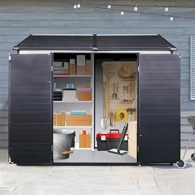 8x6 FT Outdoor Storage Resin Shed with Floor, Waterproof Plastic Garden Tool Shed with Windows, Vents & Lockable Door and Sloped Roof, Easy to Assemble Bike Shed for Patio, Backyard, Lawn, White