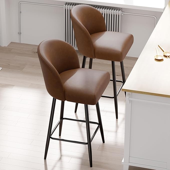 Counter Height Bar Stools Set of 4,360° Swivel Barstools with High Back and Metal Legs,26" Seat Height, Upholstered PU Leather Bar Chairs for Kitchen Island, Dining Room,Cafes,Brown