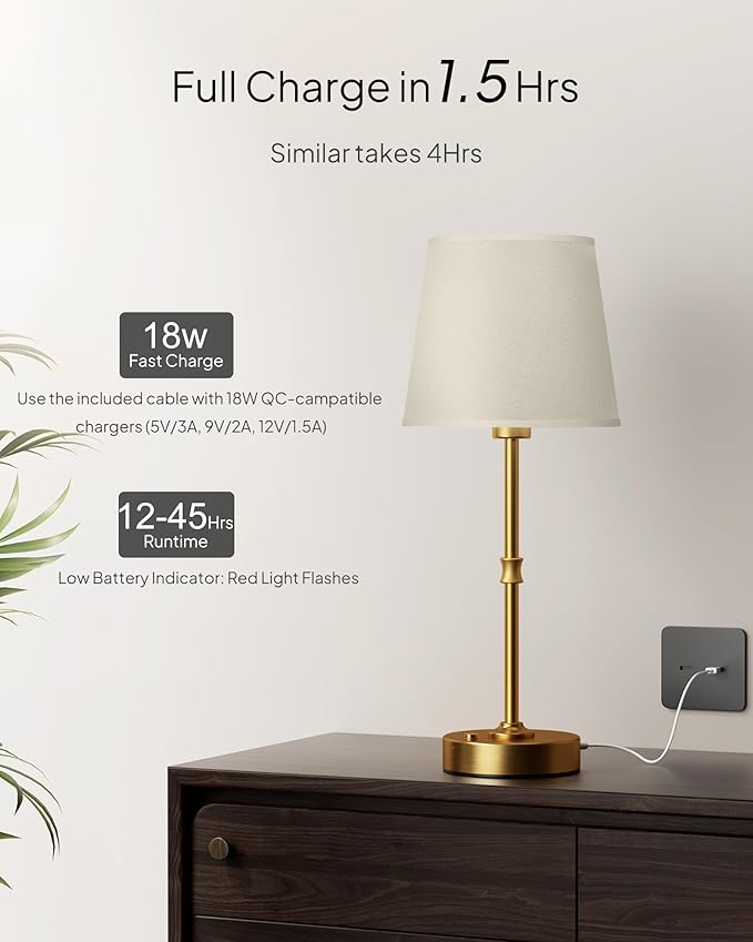 EppieBasic Cordless Table Lamp Rechargeable: Fast Charging & Long Lasting - 2700K Warm Light Vintage Gold Lamps for Women Housewife - Dinning Living Room Bedroom