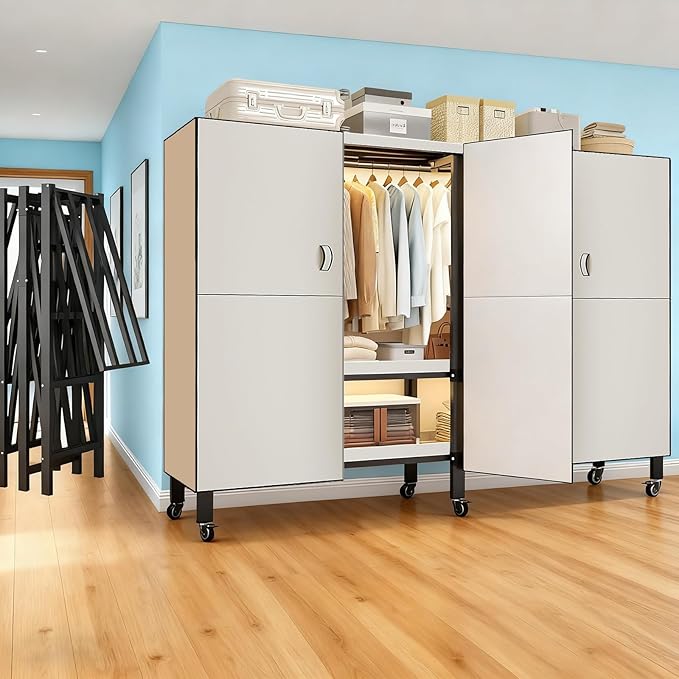 Foldable Portable Armoire Wardrobe Closet for Hanging Clothes Rack, Heavy Duty Covered Clothes Rack with Cover(HARDBOARD Magnetic), Closet Garment Rack for Bedroom Storage (KT Off-white, 66.14in)