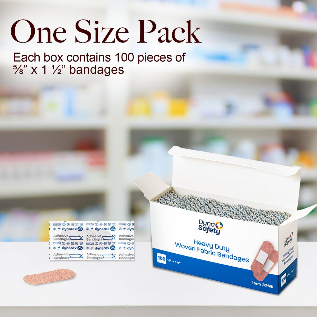 Dynarex Sterile Adhesive Heavy Duty Woven Fabric Bandages - 5/8" x 1.5" Flexible Wound Dressing for Minor Cuts, Secure Fit with Non-Stick Pad, 100 per Box