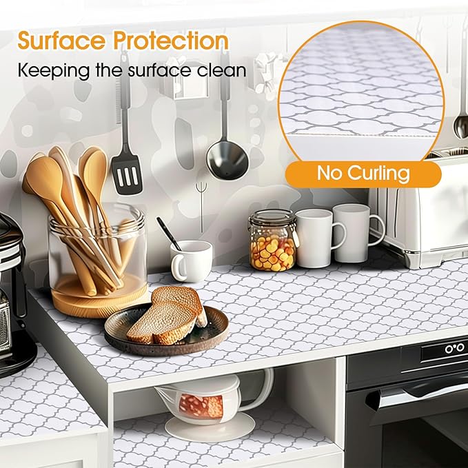 Shelf and Drawer Liner for Kitchen Cabinets Non-Adhesive, Strong Grip Non-Slip Thickened Cabinet Liners for Shelves, Waterproof Mats for Dresser Cupboard, White/Gray, 17 in x 10 Feet