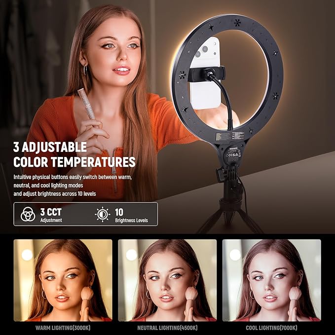 NEEWER Entry Level Version 10.5" Desk Ring Light w Tripod Stand/Phone Holder Compatible with iPhone, Timer/Remote, 10W CRI85+ LED Lighting for Selfie Makeup Streaming Recording Video Conference, N25