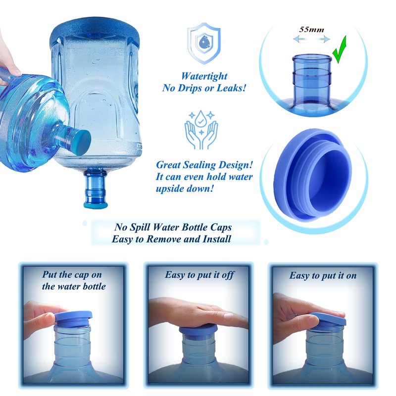 5 Gallon Water Jug Caps Reusable, Fit 55mm bottle openings, Anti-Splash, No-Spill, Leak Proof and Air Tight, 4 Pack
