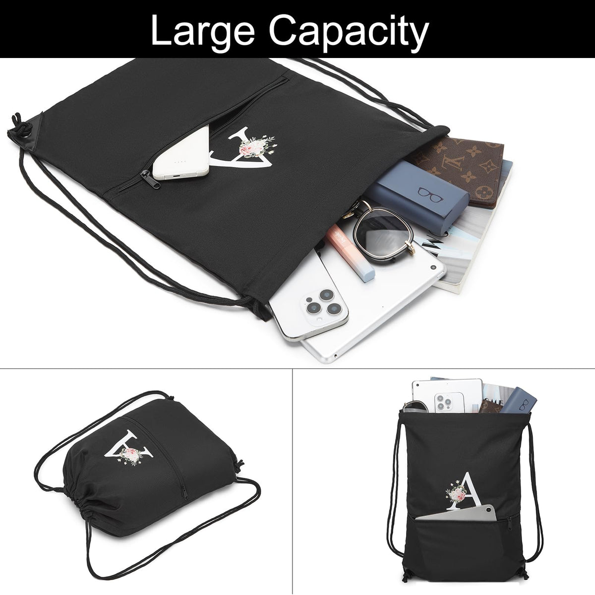 Drawstring Backpack, Personalized Initial Design Drawstring Bags Water Resistant String Bag for Women Men Gym Backpack Track Bag Sackpack Cinch Bags for Sports, Gym, Travel, Beach-Black (Letter J)