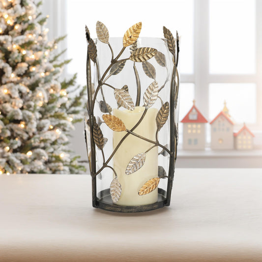 Farmhouse Candle Holder with Glass Vases, Large Hurricane Pillar Candle Holder, Vintage Metal Candle Stand Decorative for Table Centerpiece, Wedding, Party, Christmas Decor, 6.25" W*11.5" H