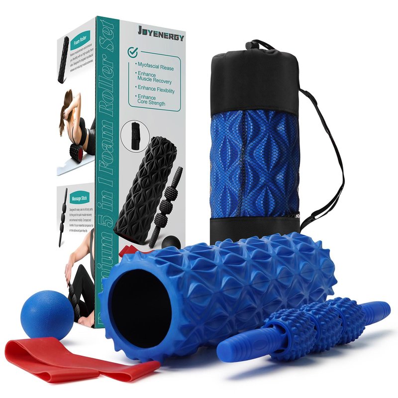 JOYENERGY 5 in 1 Foam Roller Set Trigger Point Foam Roller, Massage Roller Stick, Massage Ball, Stretching Strap for Deep Muscle Massage Pilates Yoga, Fitness Exercise for Whole Body (Blue Diamond)