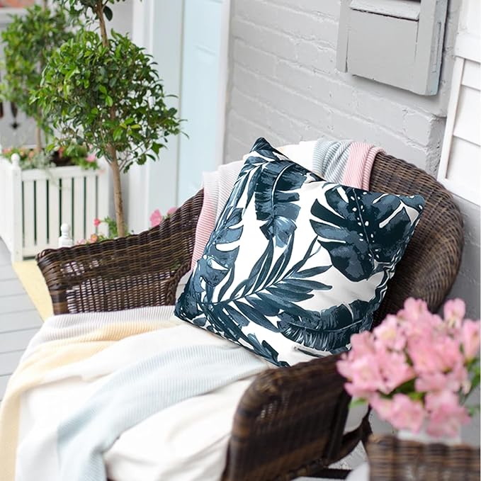 Outdoor Pillows for Patio Furniture 18x18 inch, Square Outdoor Throw Pillows with Inserts, Decorative Toss Pillows for Garden Couch Home Sofa Office Chair, Pack of 2, Palm Blue
