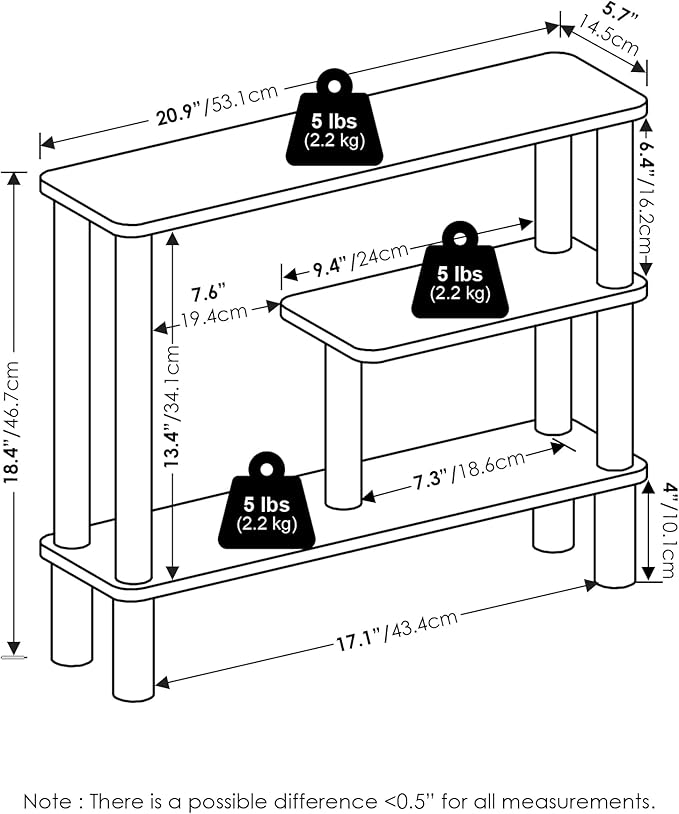 Furinno TURN-N-TUBE Bathroom Storage Shelf, 3-Tier Narrow Storage Rack, Space Saving Shelf, for Bathroom, Living Room, Entryway, White