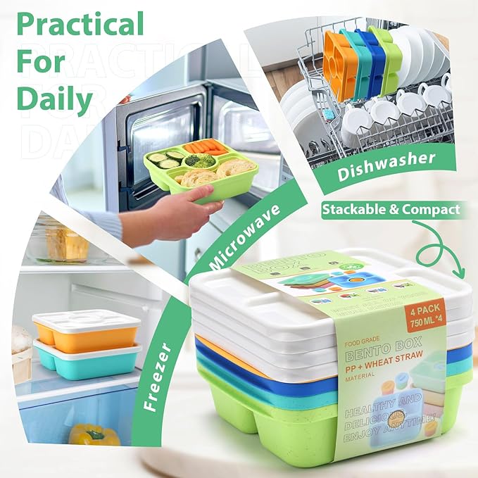 QQKO Bento Snack Box Containers for Adults Kids, 4 Pack Lunchable Meal Prep Containers Reusable, Stackable Bento Lunch Box, Food Storage Prep Containers with 4 Sauce Cups, Jewel Color, White Lid