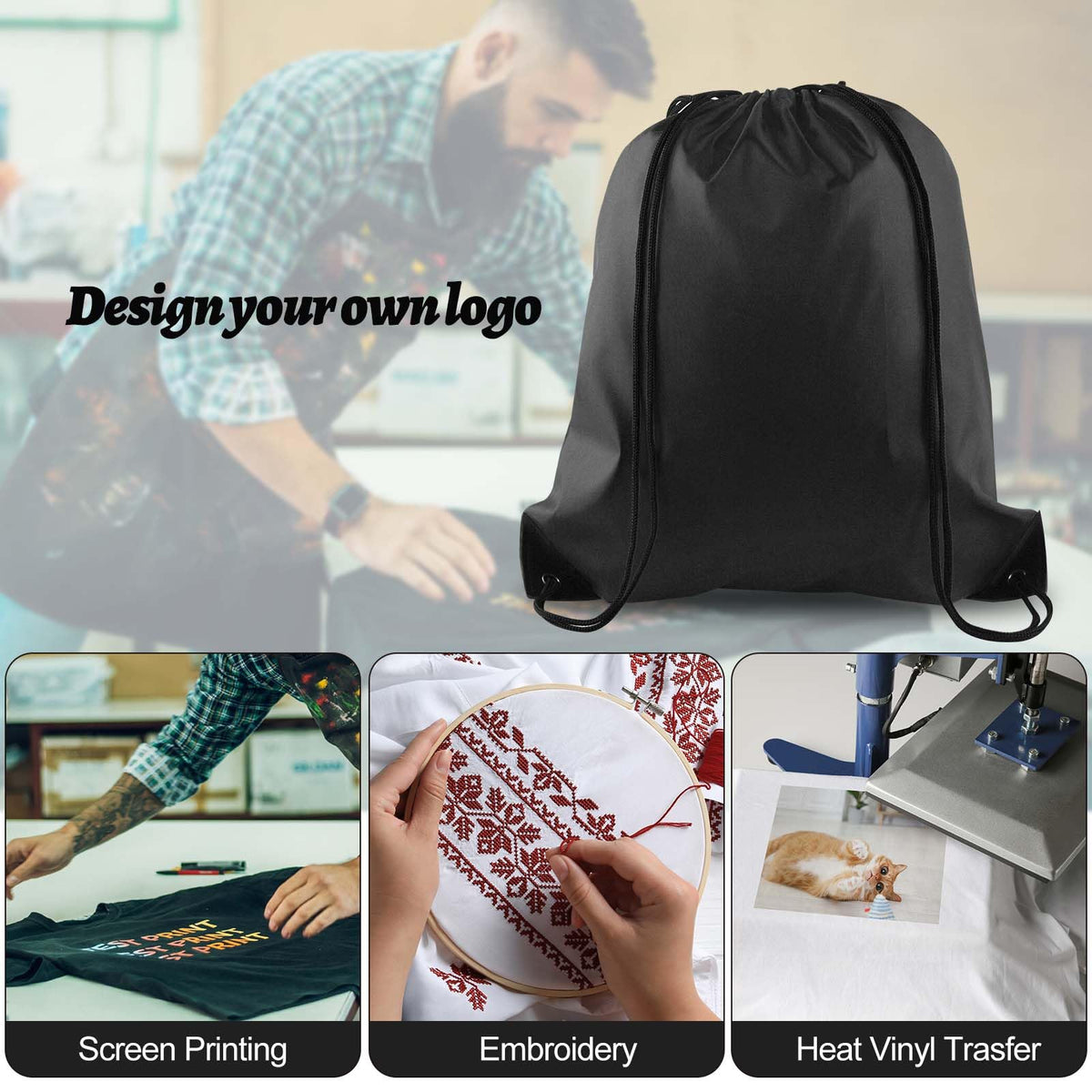 PLULON 15 Pcs Black Drawstring Bags, Drawstring Backpack Bulk, Classic Gym Backpack Bags for Yoga Traveling Outdoor Sports