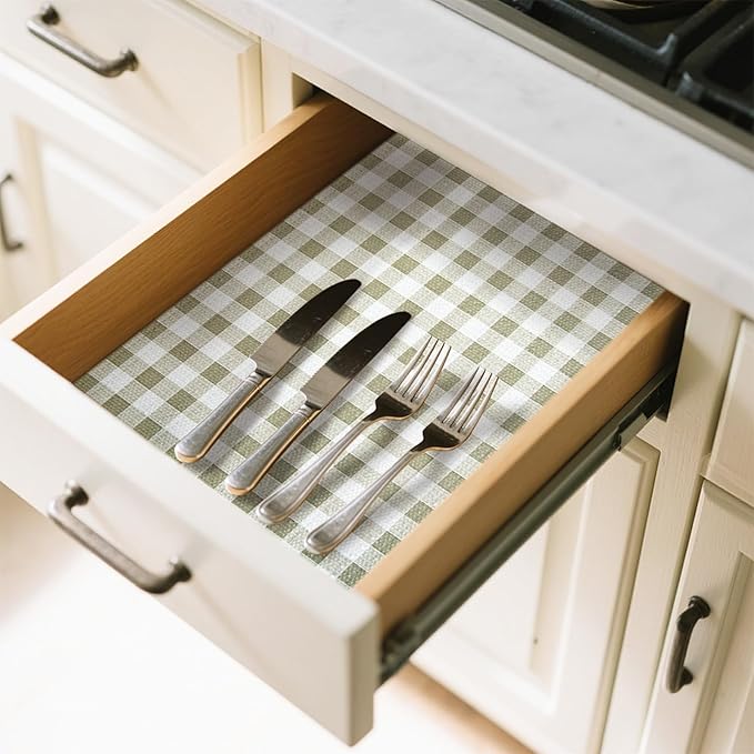 Drawer Liner and Shelf Liner for Kitchen Cabinet Liner Non-Adhesive Non-Slip Shelf Paper, Thick Strong Grip Waterproof Easy to Clean for Shelves, Cupboard, Desks, Green Plaid Pattern, 23.6 in x 30 FT