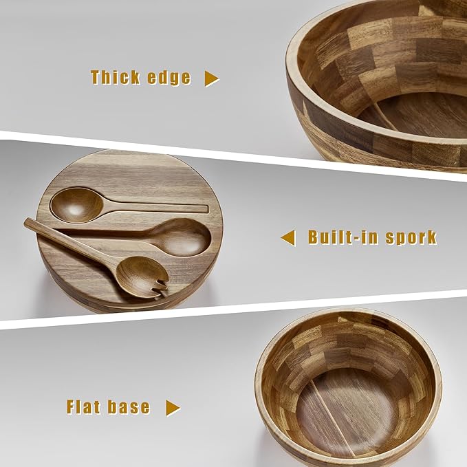 Wooden Salad Bowl, Salad Bowls, 11.8" Large Salad Bowl with Serving Utensils, Big Wood Serving Bowls for Food, Fruits, Salad, Cereal, Corn flake, Pasta