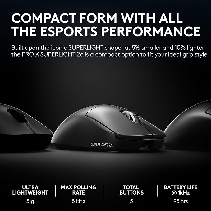 Logitech G PRO X Superlight 2c Wireless Gaming Mouse, 51 g pro-Grade Compact Mouse with 5 programmable Buttons, USB-C Charging, 44K DPI Sensor, up to 8 kHz Polling for PC/Mac - Black
