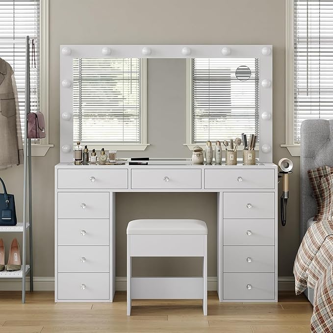 Vanity Desk with Mirror and Lights, Makeup Vanity Desk with Lights 3 Colors, Reinforced Glass Vanity, Makeup Vanity with 11 Storage Drawer, Dressing Table for Bedroom Dressing Room (White)