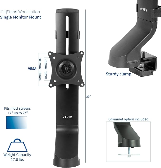 VIVO Adjustable Single Monitor Mount for Sit-Stand Workstation, Desk Converter, Monitor Arm Fits 1 Screen up to 32 inches, STAND-V001U