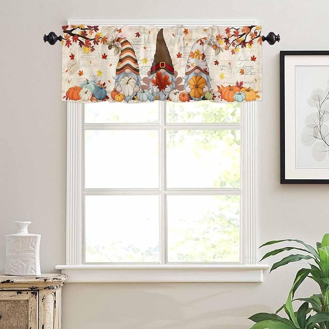 Fall Gnomes Kitchen Curtain Set, Thanksgiving Maple Leaf Rustic Pumpkin Window