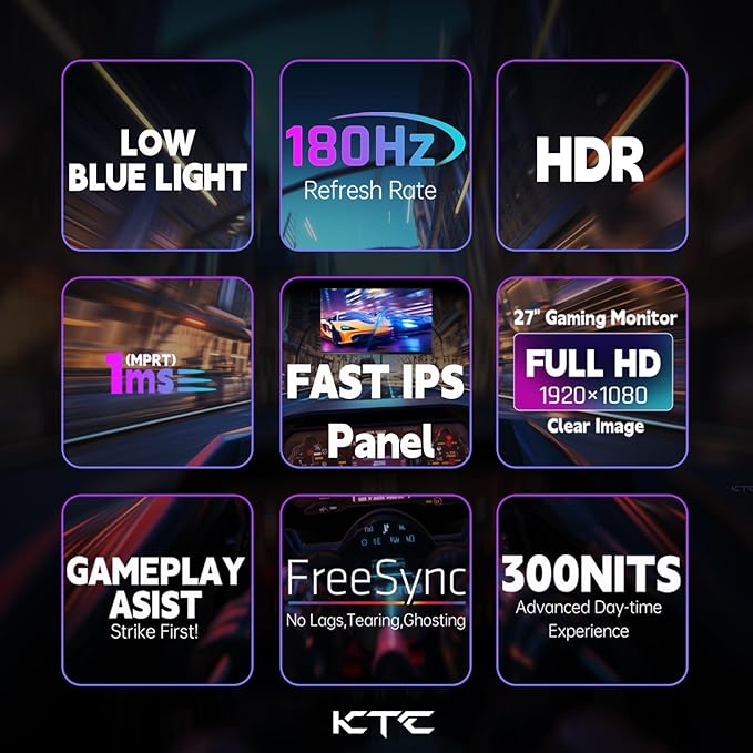 KTC Gaming Monitor 27 inch 180hz 1ms | Fast IPS Screen 1080p Monitor|2 x HDMI 2.0 &1 x Display Port 1.4 | Support Freesync and Wall Mount | 108% sRGB with HDR 10
