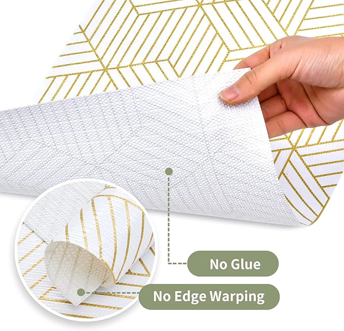 Shelf Liners for Kitchen Cabinets 35.4 in X 39.5 Ft, Non Adhesive Cabinet Liner Strong Non-Slip Thickened Gold Geometric Drawer Liner, Easy to Clean for Shelf, Cabinet with Knife and Tape Measure