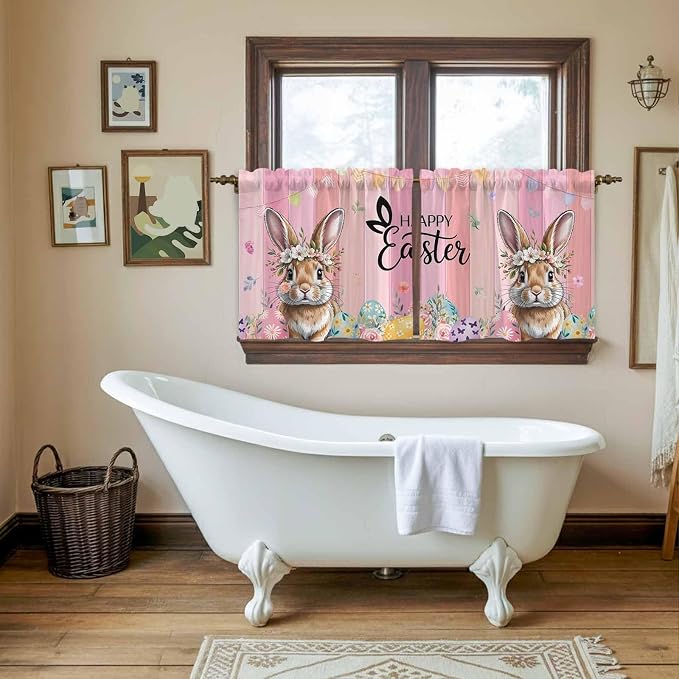 Easter Tier Curtains, Spring Rabbit Eggs Flowers Flags Leaves Wood Grain Light