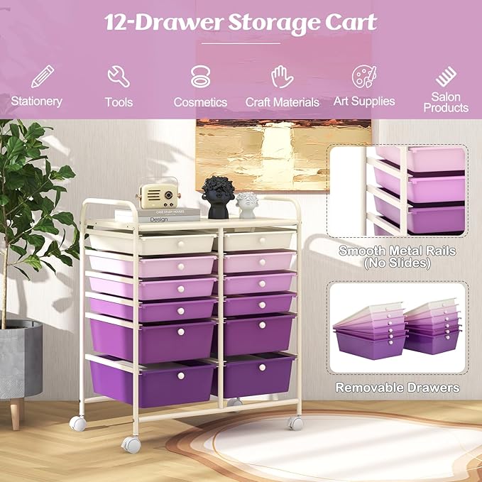 COSTWAY 12-Drawer Rolling Storage Cart, Moveable Art Craft Organizer W/Lockable Wheels, Metal Shelf, Files Arrangement Tools Makeup Storage Cart for Office, Home, School, Purple Gradient
