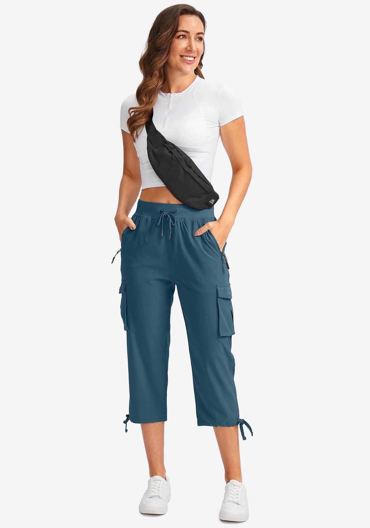 Soothfeel Women's Cargo Capris Pants with 6 Pockets Lightweight Quick Dry Travel Hiking Summer Pants for Women Casual (Blue Grey, M)