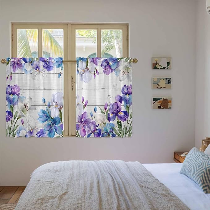 Spring Flowers Kitchen Curtains, Watercolor Garden Florals Wooden Grain Light