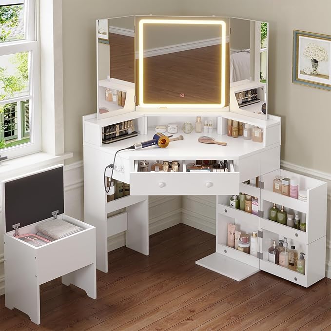 Vanity Desk with Tri-Fold Mirror and Lights, Storage Stool, Corner Makeup Vanities with Drawers & Power Outlet, 3 Light Settings, Dimmable for Bedroom, Women Girls, White