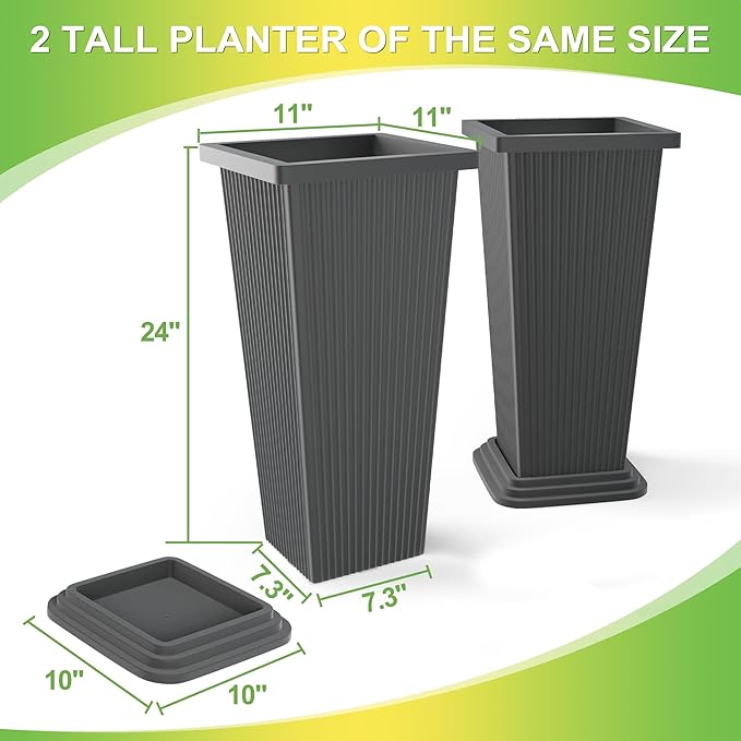 Set of 4 24" Tall Plastic Planters with Trays, Large Tapered Plant Pots for Indoor Outdoor Use, Modern Decorative Planters for Porch, Patio, Garden, and Backyard