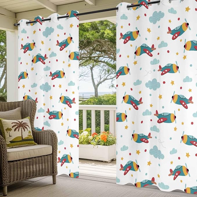 Turquoise Airplane Waterproof Outdoor Curtains