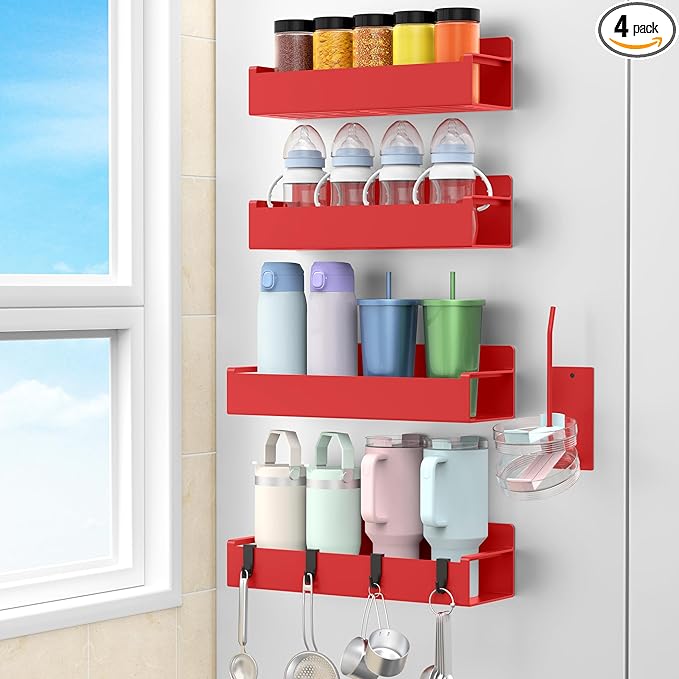 Magnetic Water Bottle Holder for Refrigerator, Cup Holder Organizer for Stanley and Tumbler for Kitchen, 4 Pack, Red