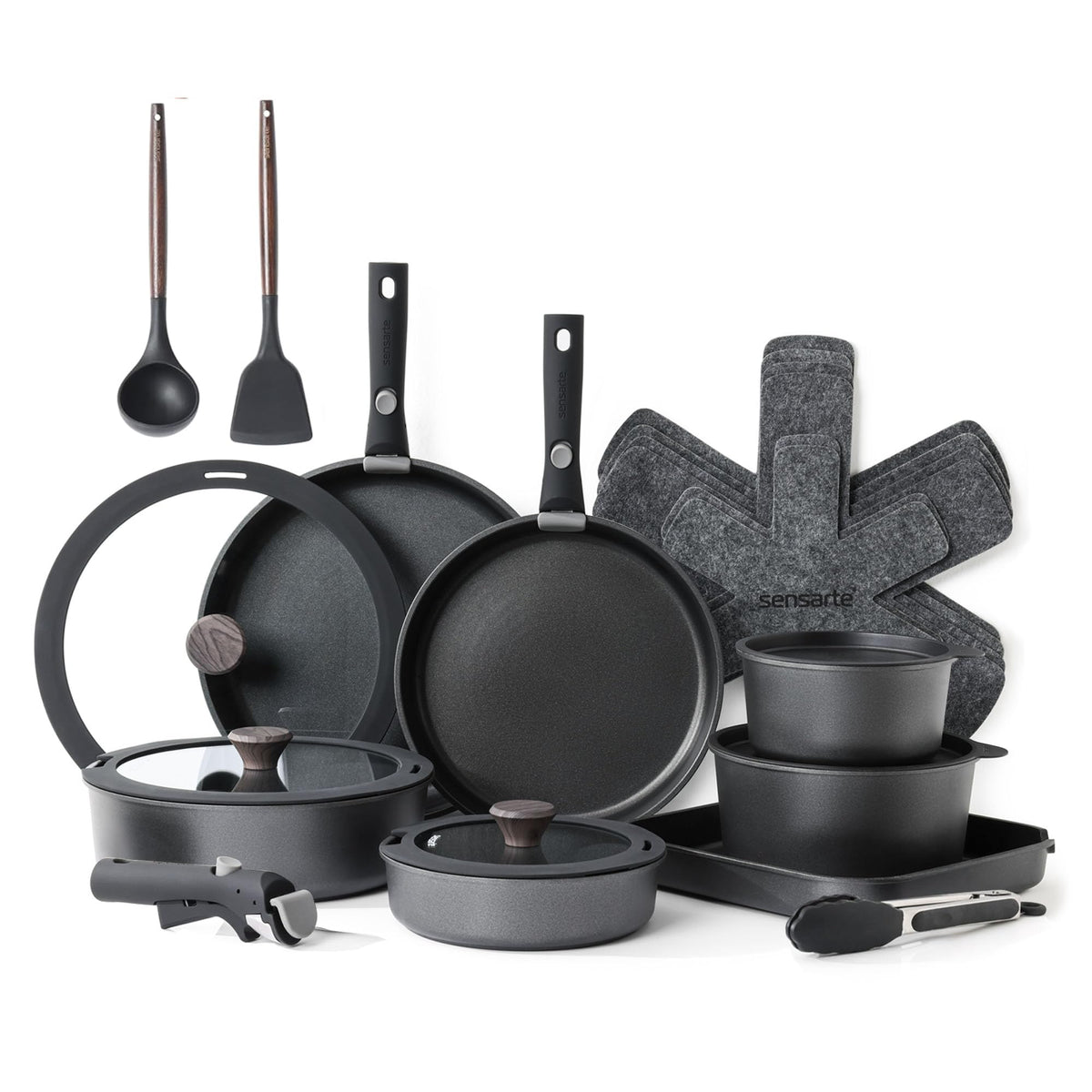SENSARTE 24 Piece Nonstick Detachable Handle Pots and Pans Set Black