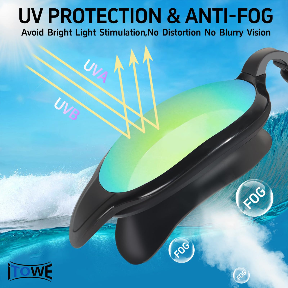 ITOWE Swim Goggles Swimming Goggles for Adult Men Women Youth Mirrored, Pool Water Swim Goggles Black Anti Fog UV Protection Soft Silicone Large Frame Design Beach