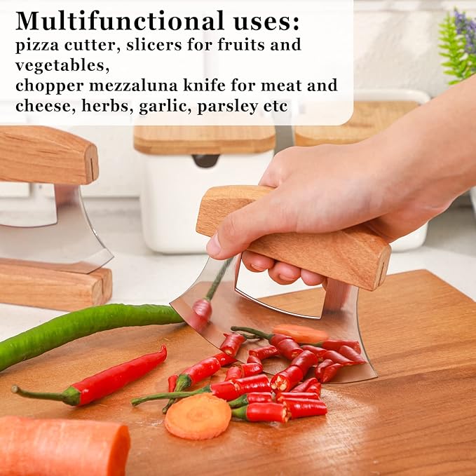 Hanaive 2 Pack 4 x 5 Inch Mezzaluna Ulu Knife Salad Veggies Rocker Chopper Slicer Cutter Mezzaluna Knife with Wooden Display Stand for Kitchen Cutting Chopping Knives Chef Cleaver Arthritic Tool