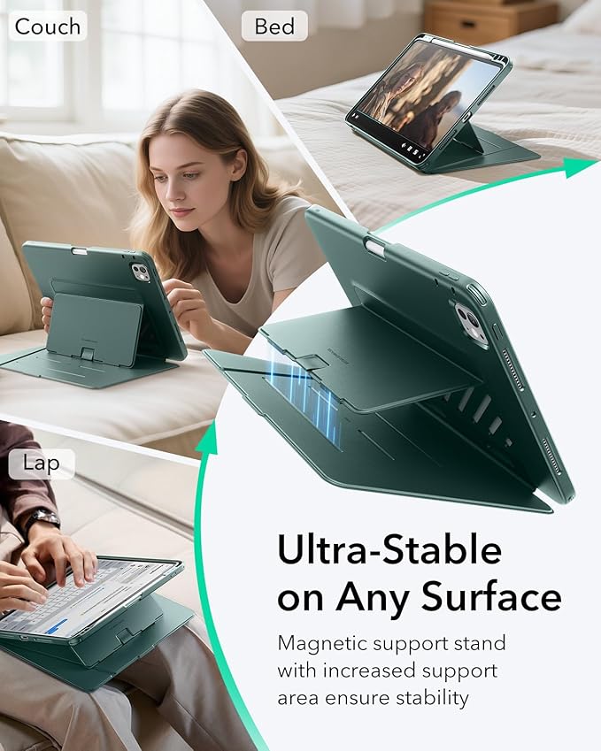 ESR for iPad Pro 11 Inch Case (M5/M4) 2025/2024, Vertical Stand Cover, Multi Stand Angles, Ultra-Stable Case with Pencil Holder, Flip Series, Green