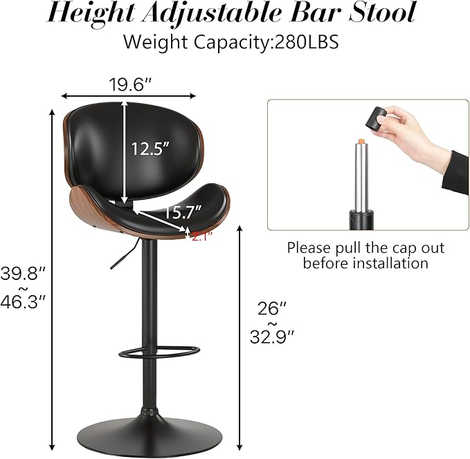 KCC Bar Stools, Swivel Adjustable Height Barstools, PU Leather Upholstered Bar Chairs with Footrest, Bentwood Bar Stool for Kitchen, Bar, Dining Room(Black PU)