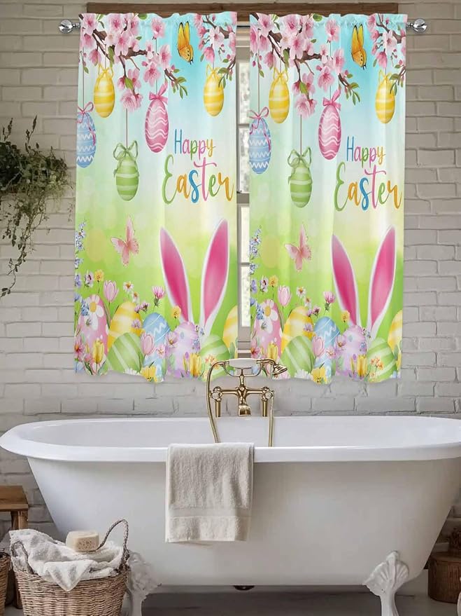 Easter Living Room Curtains 72 Inches length, Spring Bunny Colorful Rabbit Eggs