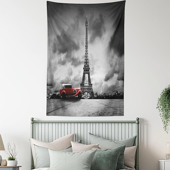 Ambesonne Eiffel Tower Tapestry, Image of Eiffel Tower Paris France Vintage Car Street Dark Clouds, Fabric Wall Hanging Decor for Bedroom Living Room Dorm, 30" X 45", Black Red