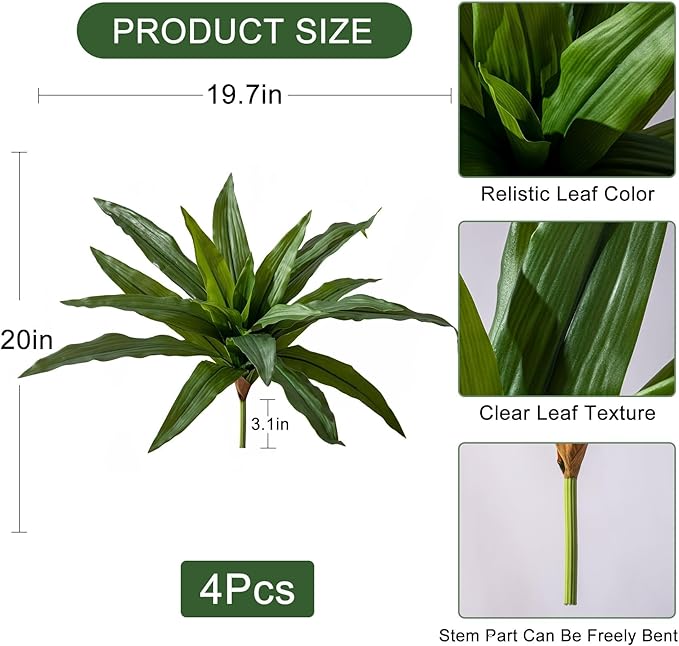 4 Pcs Artificial Greenery Stems Dracaena Faux Branches Artificial Plants Realistic Fake Dracaena Greenery Realistic Plants for Indoor Outdoor Porch Patio Home Office Living Room Decor (Green)
