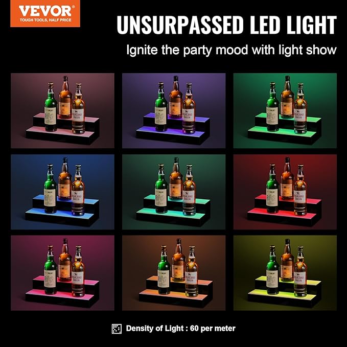 VEVOR LED Lighted Liquor Bottle Display, 2 Tiers 16 Inch Commercial Illuminated Home Bar Shelf, 2 Steps Whiskey Rack Stand, Acrylic Drink Shelves with RF Remote & App Control, and Multicolor Light