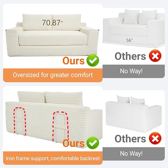Fefances Loveseat Sofa Bed Boneless Couch, Convertible 2-in-1 Design, Corduroy Fabric - Compact Memory Foam Couch for Small Spaces, Apartments, Home Office & Bedroom (Beige)