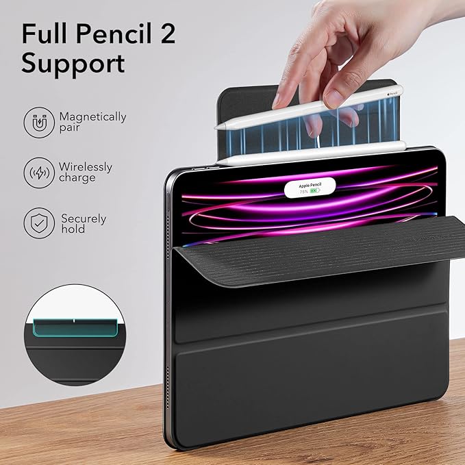 ESR for iPad Pro 12.9 6th/5th/4th Gen, iPad Air 13 Inch Case M3/M2 (2025/2024), Powerful Magnetic Attachment, Slim Trifold Stand Case, Supports Pencil Pro & Pencil (USB-C), Rebound Series, Black