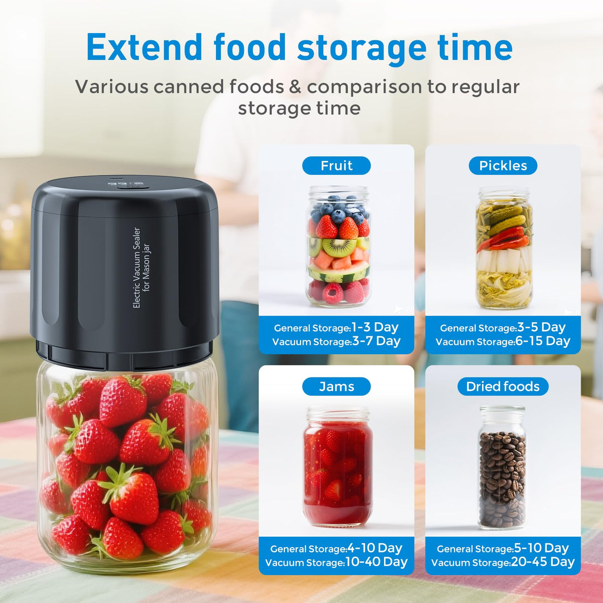 Upgraded Auto Stop Electric Mason Jar Vacuum Sealer Kit (Lids Included) for Wide & Regular Mouth Jars, Large Screen & Battery Level Display, Fully Automatic Portable Canning Food Storage Sealer