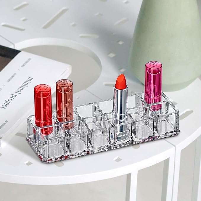 Amazing Abby - Charm - 12-Slot Acrylic Lipstick Organizer, Lipstick Holder, Lip Gloss Holder, Cosmetic Storage Display, Perfect Storage Solution for Drawer and Vanity (Slot Size: 0.9" x 0.9")