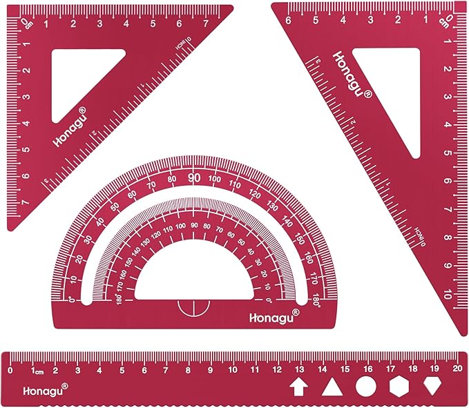 Honagu Triangular Ruler Set, 4 Pieces Aluminum Alloy Ruler, Metal Drafting Ruler, Geometric Protractor for Students,Teacher, Draftsmen, Engineers,Gift Stocking Stuffers for Kids (20cm/7.87inches, Red)