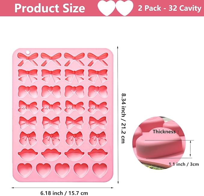 Copzievkae 2PCS Lip Chocolate Mold Bow Chocolate Silicone Mold Heart Chocolate Molds Silicone Molds Candy, 33 Cavity Heart Shaped Mold for DIY Resin Product, Baking, Candy, Candles Pink
