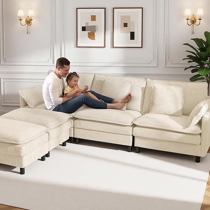 Claiks 148" Modular Sectional Sofa, Cloud Couch with Ottoman, U-Shaped 6-Seater Sofa in Chenille Fabric, Deep Seat Comfy Couch with Pillows for Living Room & Offices, Beige